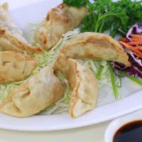 Pot Stickers · Grounded pork, chicken, and vegetables wrapped inside gyoza dough, deep-fried in clear veget...