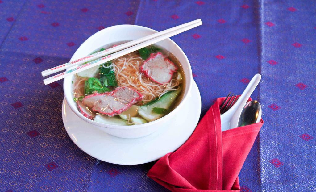 Bbq Pork Noodle Soup · Cooked using slices of our homemade BBQ Pork, fresh thin egg noodles in a chicken-based soup broth with dashes of fresh roasted ground peanuts in vegetable oil, sprinkled with chopped cilantros, and diced scallions.