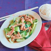 Chicken With Chinese Bok Choy · Tender slices of fresh Chicken Thigh meat Stir-Fry in with fresh cuts of  Chinese baby Bok-C...