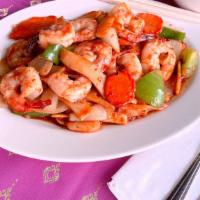 Kung Pao Shrimps · Raw Jumbo Shrimps peeled raw with tail on, stir-fry on a blazing hot, extra large stationary...