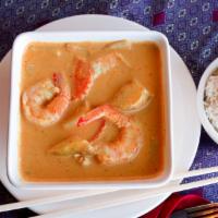 Yellow Curry Shrimps · Jumbo shrimps raw peeled with tail on, slowly cooked in with special authentic Thai Yellow c...