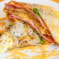 Turkey Ham & Cheeses Crepe / 火鸡火腿起司煎饼果子 · Serves with egg and your choice of crunch - wonton crisps or Chinese doughnut stick.