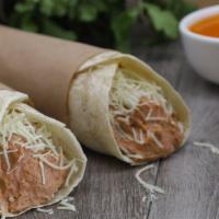 Bean And Cheese · Traditional refried pinto beans and mozzarella cheese wrapped in a warm flour tortilla.