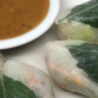 Salad Rolls (2) · Fresh vegetable wrapped in rice paper, served with peanut sauce. ( carrot, mint, beansprout,...
