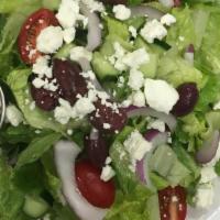Greek Salad (Vegetarian) (Whole) · Romaine, red onion, kalamata olives, cucumber, tomatoes and feta cheese served with our new ...