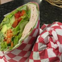 Turkey Veggie Wrap · turkey, romaine, carrots, red peppers, green onions, avacado with your choice of dressing