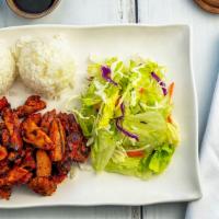 Spicy Chicken Teriyaki · Grilled chicken with spicy sauce. Choice of meat served with rice and salad.