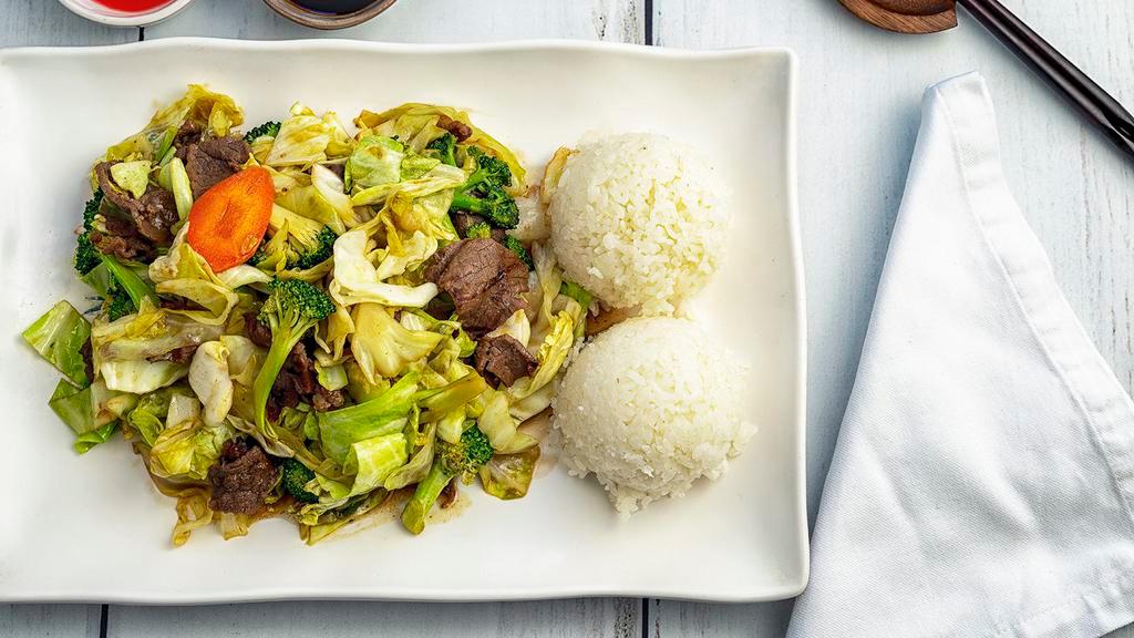 Beef Stir-Fried · Pan-fried vegetable served with rice.