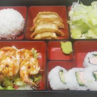 Shrimp Bento · Served with rice, salad, gyoza and California roll in a bento box.