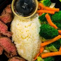 Teriyaki Steak · Served with steamed vegetables, our own teriyaki sauce and a choice of brown rice, white ric...