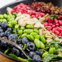 Power Salad · Baby kale, edamame, cranberries, toasted almonds, crispy quinoa, blueberries, pomegranate se...