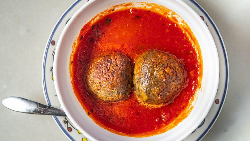 Meatballs & Marinara · Two beef & pork meatballs, finished in our wood fired oven