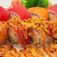 Rainbow Split Roll · Rainbow roll topped with crunchy fried onion, spicy sauce, and sweet sushi sauce.