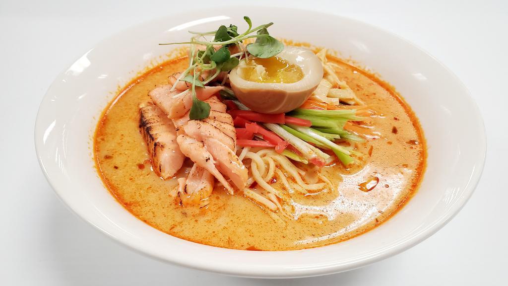 Delish Sake Ramen  · LIMITED QUANTITY EVERYDAY. Specialty creamy and rich shoyu flavored broth with seared salmon belly / seared salmon, egg and  vegetables.