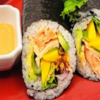 King Of The West · Seared salmon, avocado, cucumber mango, green leaf crunchy onion, and spicy mayo.