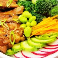 Chicken Teriyaki Bowl · Teriyaki chicken, broccoli, cucumber, radish, carrot, edamame, green onion, sesame seeds, an...