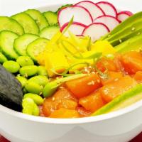 Salmon Poke Bowl · Salmon, homemade poke sauce, avocado, cucumber, radish, carrot, edamame, green onion, and se...