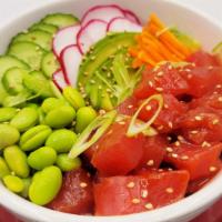 Tuna Poke Bowl · Tuna, homemade poke sauce, avocado, cucumber, radish, carrot, edamame, green onion, and sesa...