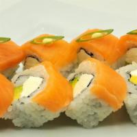 Phili Fun Roll · Avocado and cream cheese topped with salmon.