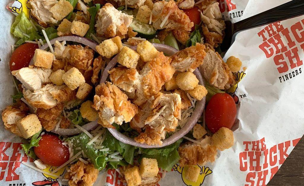 Fried Chicken Salad · Our fresh salad with tomato, red onion, cucumbers, shredded Parmesan cheese, croutons and choice of dressing. Choice of grilled or fried chicken.