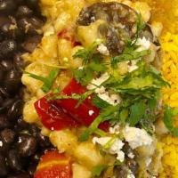 Veggie Bowl · Grilled hominy with bell peppers and mushrooms in mild tomatillo salsa, cheese, cilantro, ye...