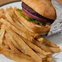 Greek Burger · Marinated in Chipotle Sauce served with Fries or Salad.