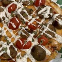 Gyro Pizza Combos · Grilled pita, pizza sauce, herbs, Jack and Cheddar cheese. Combos served with waffle fries a...