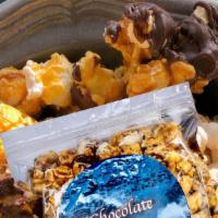 Chocolate Avalanche · Caramel popcorn dark or white chocolate. 11 ounces.