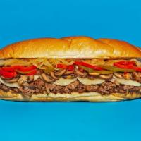 The Works Cheesesteak · Sliced steak with melted mozzarella, grilled onions, roasted bell peppers, and sauteed mushr...