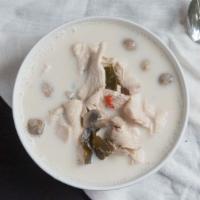 Tom Kah · Vegan, glutan-free. Hot and sour coconut soup with chicken or tofu, mushrooms, lemongrass, l...