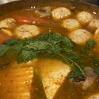 Tom Yum · Vegan, glutan-free. Hot and sour soup with chicken or tofu, mushroom, lemongrass, chili past...