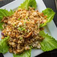 Khaokloog · A must-try Northern Thai dish! Crispy rice, ground chicken, ginger, and opinion, 