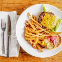 Public House Burger · Candied bacon, Tillamook Cheddar, rosemary aioli, pickled veg.

The items may be served raw ...
