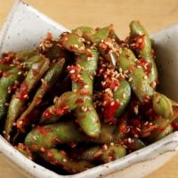 Spicy Edamame · Fresh chili and lime.