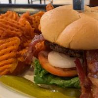 Bleu Bacon Burger · Bleu cheese crumbles with bacon on a 1/3 lb. Patty with tomatoes, lettuce, yellow onion on t...