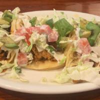 Baja Chicken Tacos · Chicken breast marinated ala mexicana, grilled corn tortillas, pico de gallo, cabbage, avoca...