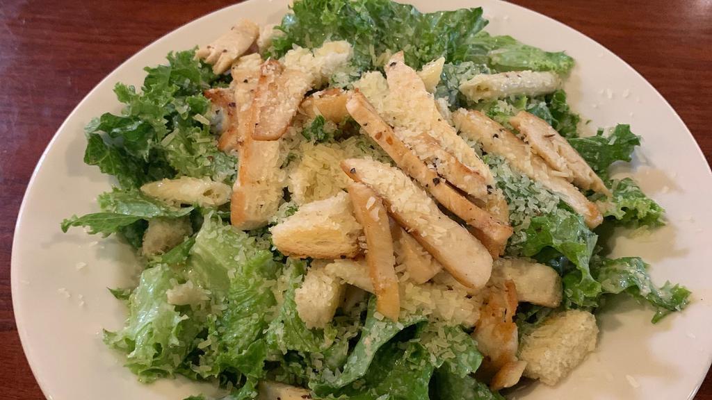 Chicken Caesar Salad · Grilled chicken breast, romaine lettuce, shredded parmesan, penne pasta, croutons, caesar dressing.