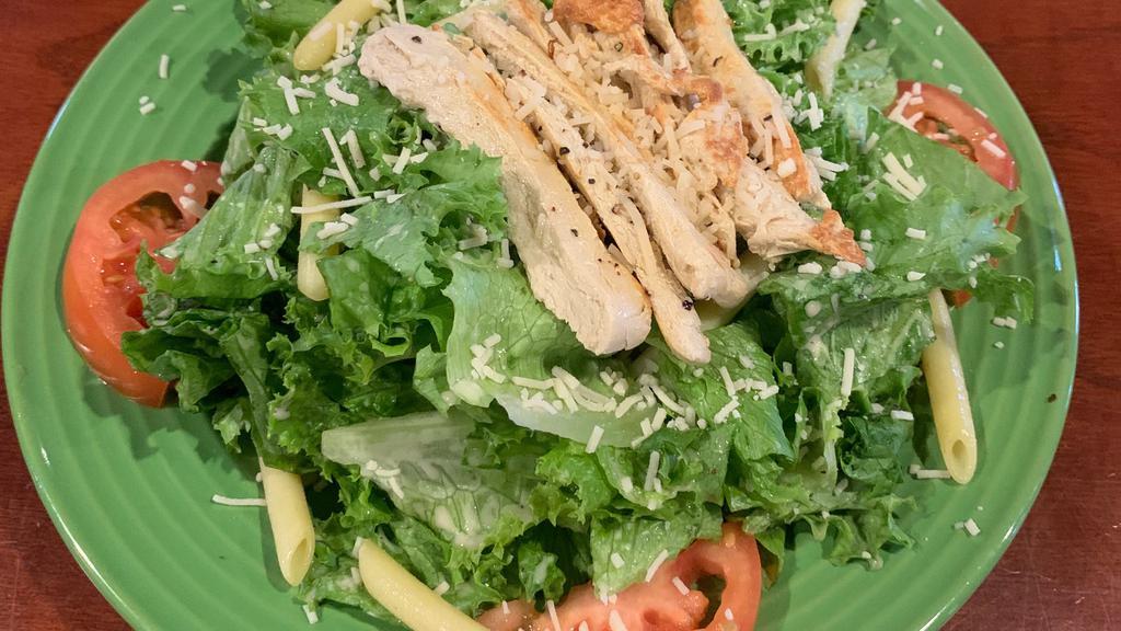 Vegan Chicken Caesar Salad · Grilled chicken breast, romaine lettuce, shredded parmesan sprinkles, penne pasta tossed in caesar dressing.