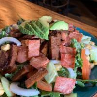 Vegan Meat Lover'S Salad · Grilled herbivorous butcher sirloin steak, beleaf bacon green and red peppers, tomato, slice...