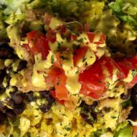 The Miami Chop · Saffron Yellow rice, house-seasoned slow-cooked black beans, diced Roma tomatoes, Seasoned g...