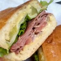 The New Yorker · Big and Flashy, Like Robin’s Favorite NY Deli!! Pastrami, Tomato, Red Onion, Dill Pickle, Ma...