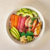 Chirashi Rice Bowl · Eight pieces sashimi, avocado, topiko, furikake, bonito and eel sauce.

Consumption of raw o...