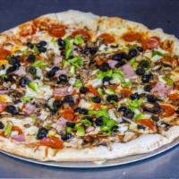 Supreme · Pepperoni, sausage, bacon, ham, mushrooms, green peppers, black olives, and extra cheese