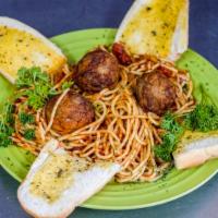 Spaghetti Meatballs · Spaghetti topped with your choice of sausage or meatballs in marinara sauce.
