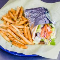 Gyro Sandwich · With gyro meat, lettuce, tomatoes, onions, olives, green peppers, cucumbers, feta cheese.