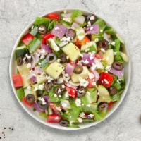 Greek Greek Salad · Romaine lettuce, cucumbers, tomatoes, red onions, olives, and feta cheese tossed with balsam...