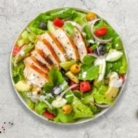 Cluck Chuck Salad · Mixed greens, chicken, tomato, onion, cucumber, olives, and avocado tossed with house dressi...