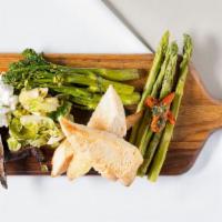 Oven-Roasted Veggie Platter · Seasonal vegetables, asparagus, roasted tomato, portobello, elephant garlic, burrata, pesto,...