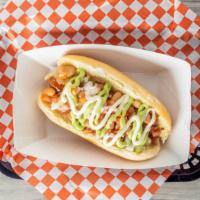 Sonoran Style Hot Dog · Hot dog, bun, grilled onions, avocado spread, pinto beans, tomato, fresh onions, bacon and m...