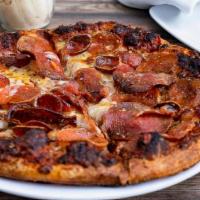 Triple Pepperoni Pizza · Featuring three kinds of pepperoni! Old world style, traditional, and large thin-sliced all ...